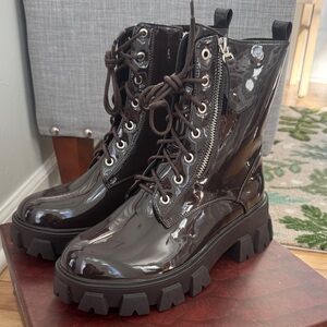NEW Azazela Wang Women's Brown Patent Combat Boots - Size 10